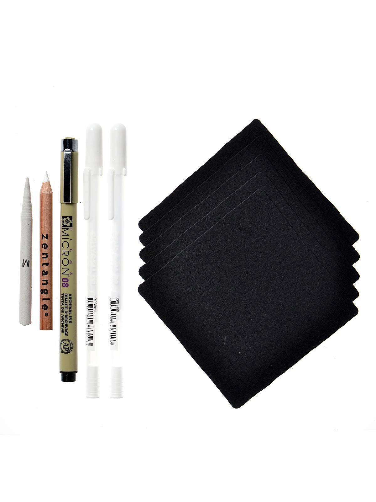  Sakura Zentangle Tool Set - 5 Black Micron Pens, 1 Black  Graphite Pencil, 1 Tortillion, 5 3.5 White Paper Tiles - White Zentangle  Tiles - 12 Piece Set