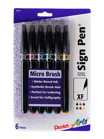 Pentel - Arts Sign Pen Micro Brush Set - Assorted, Pack of 6, Black, Red, Blue, Green, Brown, Yellow