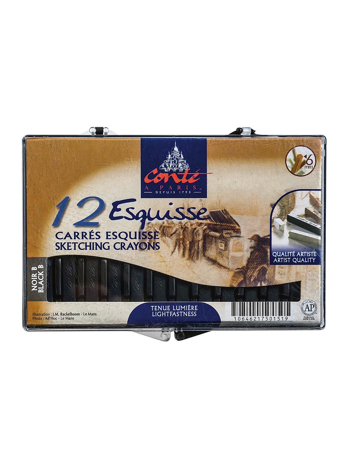 Conte Crayon in Plastic Box, 1/4 X 1/4 X 2-1/2 in, HB Tip, Black, Pack of 12